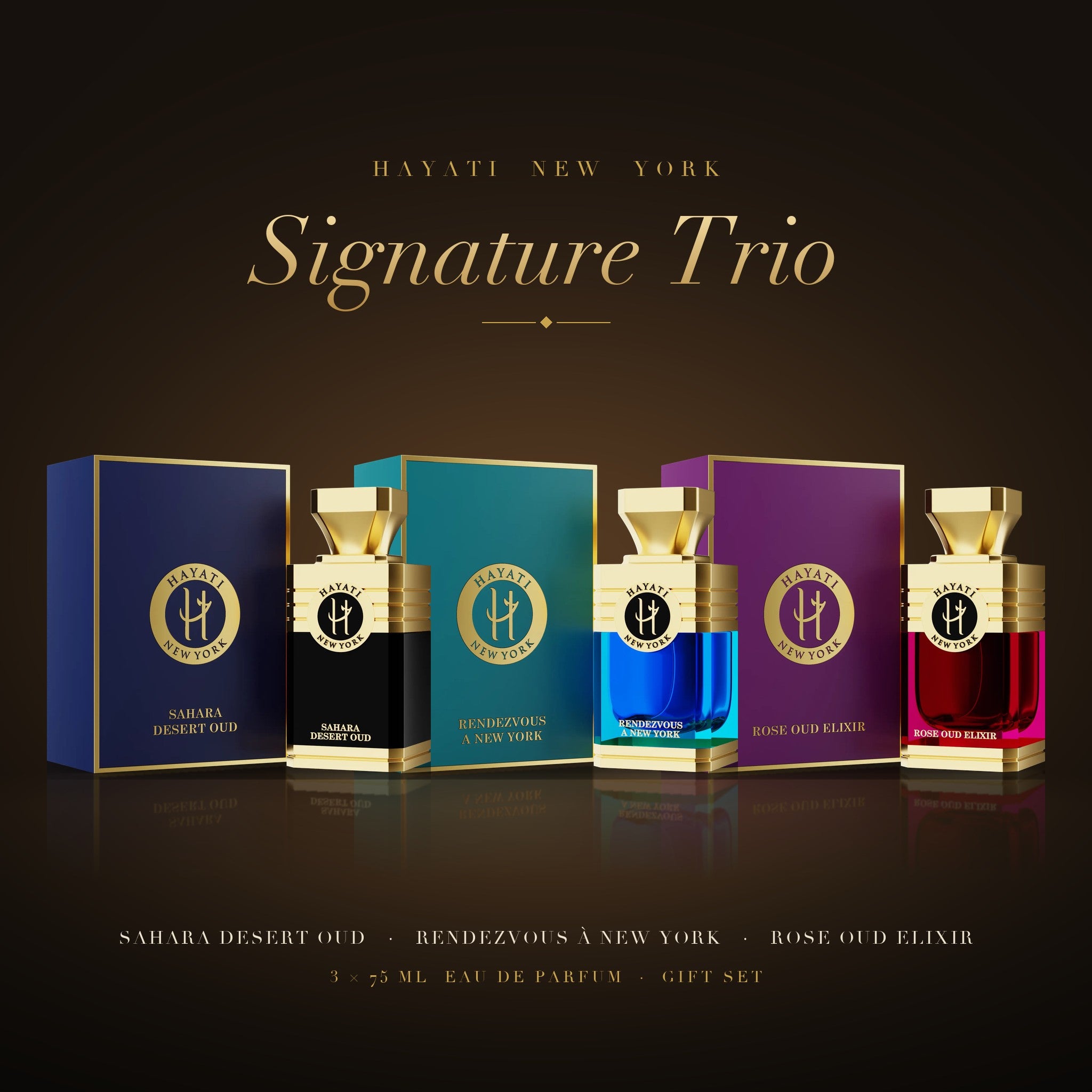 Hayati Signature Trio Gift Set – Sahara Desert Oud, Rendezvous À New York and Rose Oud Elixir